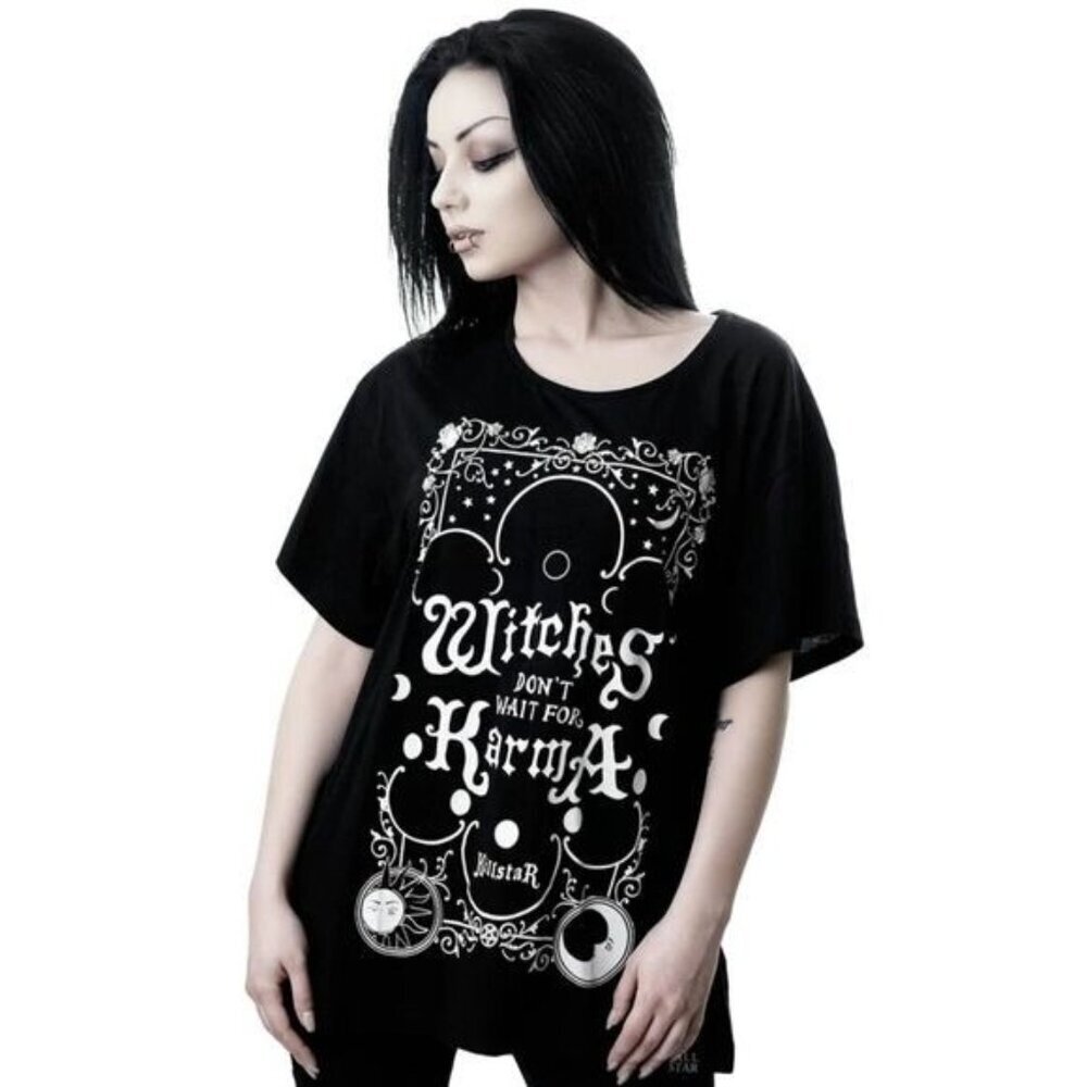 Killstar ✦ Karma Scoop Neck Top ✦ Black White Cotton Graphic Tee Oversized M NWT